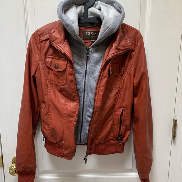Orange Faux Leather Jacket with Detachable Hood - Picture 1 of 4